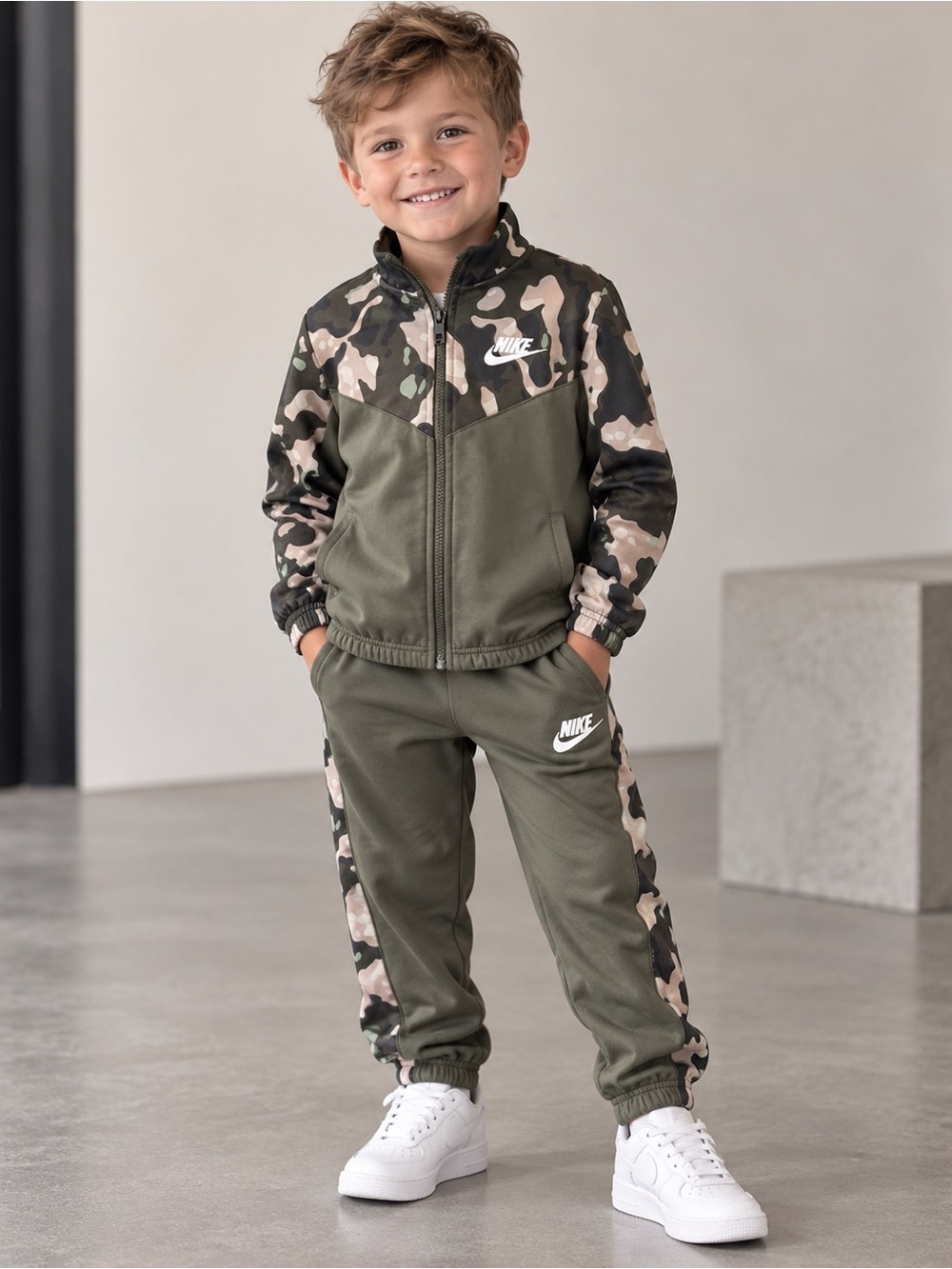 Nike Kids Olive Green Joggers with Camo Side Stripes
